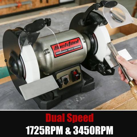 Badass 1/2 Horsepower Dual Speed Bench Grinder Buffer Combo with a cast iron base, showing grinding wheels and speed control.