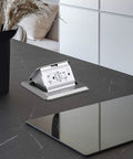 Pop Up Floor Outlet With 20 Amp GFCI, Stainless Steel Recessed Floor Box in countertop, open view with flip up cover.