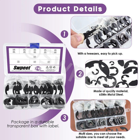 210 Piece E Clip Snap Ring Kit with Tweezers 14 Sizes M1.5-M15; durable transparent box, holding various sizes and shapes of rings.