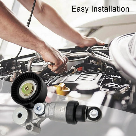 Engine Belt Tensioner Pulley Assembly Direct Fit For Mazda 3 2.0L 2.5L Mazda 6 CX 3 CX 5 2012 2021 Replacement Part Numbers PE03 15 980A 980B PE7W 15 980 High Quality Performance Easy Install shown being installed in a car engine.