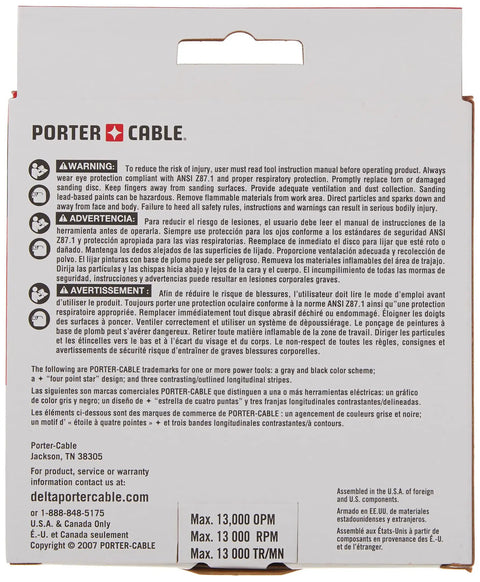 Packaging details for Hook And Loop Sanding Pad For 333 Sander 5 Inch Replacement 1 Pack with safety instructions and OEM info.