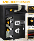 Front Drop Slot Deposit Safe Fireproof With Digital Combination Anti Fishing Safe Box showing open front, money being deposited.