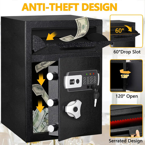 Front Drop Slot Deposit Safe Fireproof With Digital Combination Anti Fishing Safe Box showing open front, money being deposited.