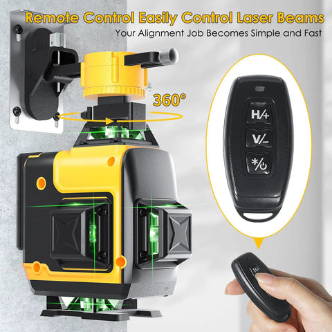 3D Laser Level with 3x360 Degree Green Cross Lines for Construction and Picture Hanging, Self Leveling and Manual Modes, Rechargeable Battery, Remote Controller, Magnetic Rotating Stand for DIY Friendly Indoor Alignment