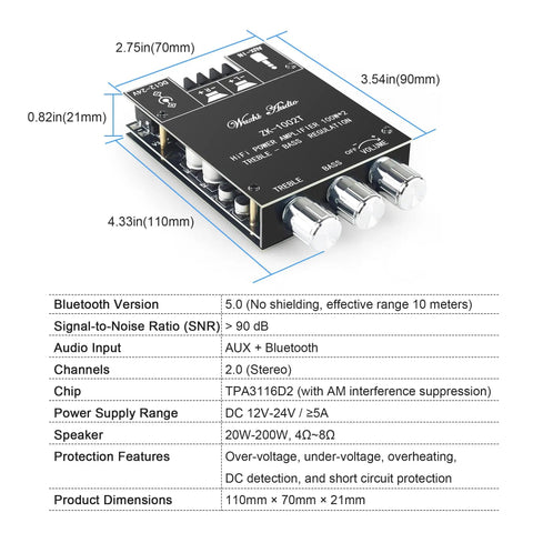 Dope Dual Chip Bluetooth Amplifier Board 100W Per Channel 200W Total For Home Audio With AUX Input And Wireless Bluetooth Support Wide 12 To 24V Input Class D visible with dimensions and specifications