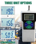 Pro Grade Digital Force Gauge With Backlit Display, Portable Push-Pull Meter For Peak Hold And Real-Time Measurements, A No-Fuss Thrust Meter For Insertion And Extraction Force Testing On The Go. Three-unit display: N, Kg, and lb.