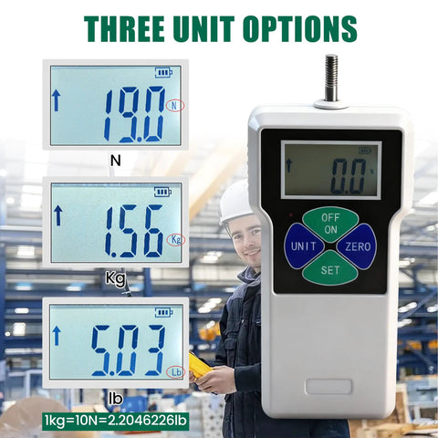 Pro Grade Digital Force Gauge With Backlit Display, Portable Push-Pull Meter For Peak Hold And Real-Time Measurements, A No-Fuss Thrust Meter For Insertion And Extraction Force Testing On The Go. Three-unit display: N, Kg, and lb.