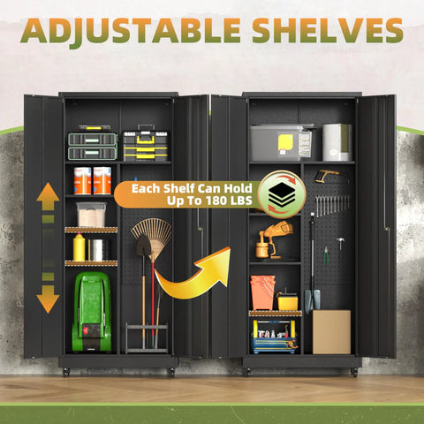 71 Inch Tall Metal Garage Storage Cabinet On Wheels With Locking Door Beefy Heavy Duty Steel Construction Powder Coated Broom Cabinet Organizer For Home Garage And Shop open with adjustable shelves