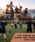 Sneaky 13.5oz Water Bottle With Dope Hidden Wallet Pocket showcased on yacht and in park gym environment, BPA free.