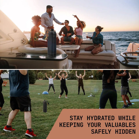 Sneaky 13.5oz Water Bottle With Dope Hidden Wallet Pocket showcased on yacht and in park gym environment, BPA free.