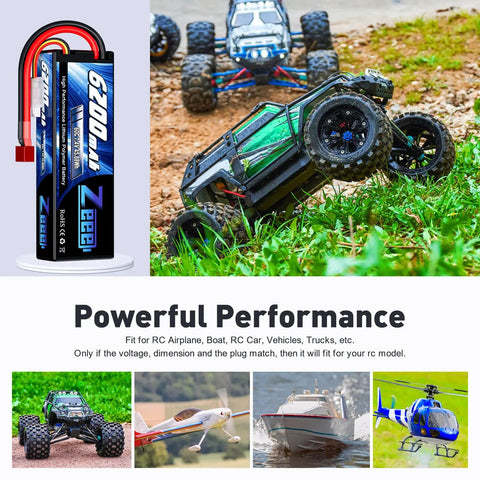 Beefy 2S 6200mAh LiPo Battery 7.4V 60C Hard Case Pack With T Connector, shown with RC cars, trucks, planes, boats in action.