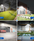 No Nonsense 36W LED Outdoor Flood Light With Motion Sensor illuminating yard, garage, and garden with 3600 lumens 5000K daylight
