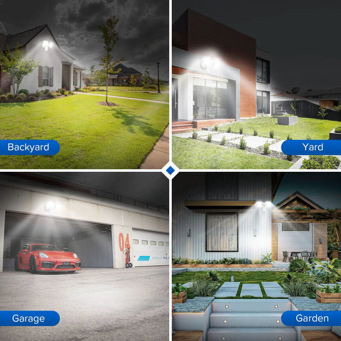 No Nonsense 36W LED Outdoor Flood Light With Motion Sensor illuminating yard, garage, and garden with 3600 lumens 5000K daylight