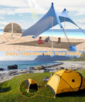 Go To Beach Tent Sand Anchors And Ground Stakes Set for canopies, sun shelters in use on a beach and grassy campsite.