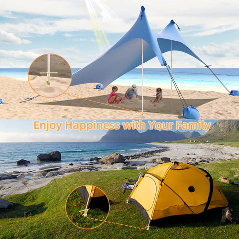 Go To Beach Tent Sand Anchors And Ground Stakes Set for canopies, sun shelters in use on a beach and grassy campsite.