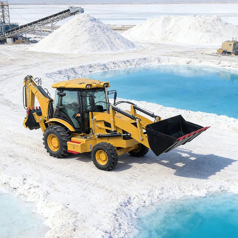 Compact Backhoe Loader With Towable Excavator Arm in snowy landscape for earthmoving and construction work