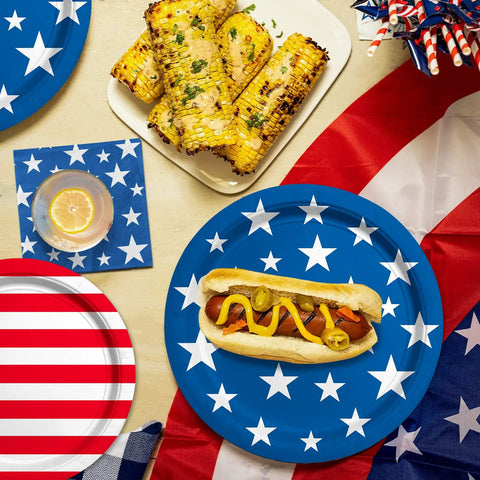 Patriotic Party Tableware Kit Disposable Dinner Plates 9in And Dessert Plates 7in Napkins Stars And Stripes Designs with food
