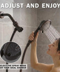 Person using Massage And Mist Handheld Shower Head Kit With 6 Function High Pressure Boost Hose And Mount in oil rubbed bronze