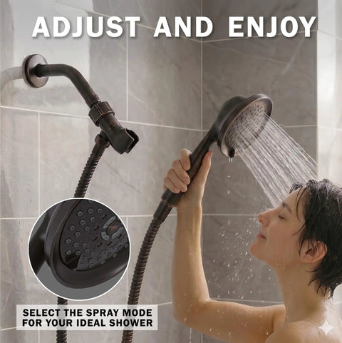 Person using Massage And Mist Handheld Shower Head Kit With 6 Function High Pressure Boost Hose And Mount in oil rubbed bronze