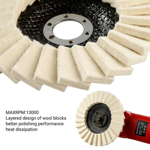Wool Felt Pro Grade Polishing Wheels Set for Angle Grinder, high-density buffing discs in layered design, 5-inch diameter