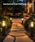 Slick Hardwired Outdoor Pathway Lights E26 Socket 23 Inch Tall landscaped pathway with warm glow from aluminum lamps.