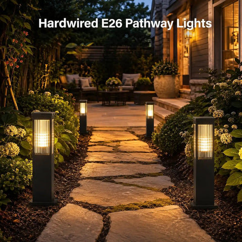 Slick Hardwired Outdoor Pathway Lights E26 Socket 23 Inch Tall landscaped pathway with warm glow from aluminum lamps.