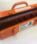 Orange 2x2 Shim Tool Box Built Tough For Industrial Shims, Secure 5/8 Inch Slot, open with shim organization slots visible
