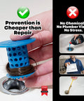 Keep Your Bath Pipes Running Slick With This In-Drain Bathtub Hair Catcher And Clog Blocker Guard showing blue hair catcher trapping hair near drain.