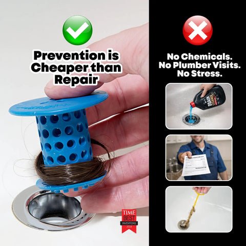 Keep Your Bath Pipes Running Slick With This In-Drain Bathtub Hair Catcher And Clog Blocker Guard showing blue hair catcher trapping hair near drain.