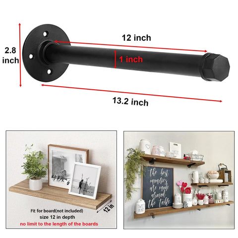 12 Inch Industrial Pipe Shelf Brackets Set Of 8 In Black Iron Rustic Finish for Wall Mounted DIY Shelving with size dimensions