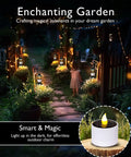 Beautiful garden at night lit by Solar Powered LED Tea Light Candles Pack Of 6 Waterproof Dusk To Dawn Auto On Reusable Outdoor Lights.