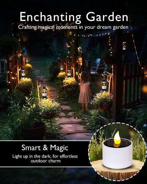 Beautiful garden at night lit by Solar Powered LED Tea Light Candles Pack Of 6 Waterproof Dusk To Dawn Auto On Reusable Outdoor Lights.