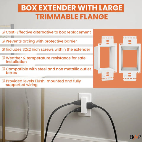 Diagram showing 5 Pack 1 Gang Electrical Box Extenders With 10 Screws Weatherproof Heavy Duty PVC Fully Modular Box Extenders with features.
