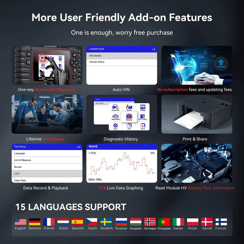 Features of LR V3.0 2026 Bi-Directional OBD2 Scanner with interface, data graphing, auto VIN, and multi-language support.