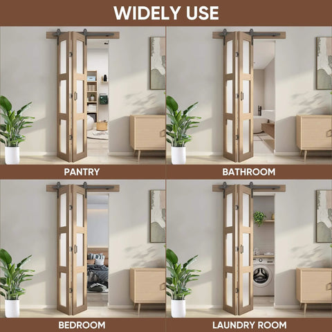 Bifold Glass Barn Door Kit 36 Inch With Hardware Included, shown installed in pantry, bathroom, bedroom, and laundry room.