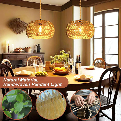 Plug And Play Rattan Pendant Light With Authentic Boho Farmhouse Charm in a cozy dining room, featuring handwoven shade and warm glow