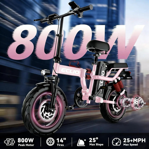 Folding Electric Bike For Adults With 800W Peak Motor Up To 20 MPH, Removable 48V 14Ah Battery, 35-55 Mile Range, 14-Inch Lightweight Portable Ebike For Men Women Teens, Easy Fold Design For City Cruising And Daily Rides in city background