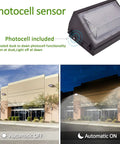 80W LED Wall Pack Light With Dusk To Dawn Photocell, 10,500 Lumens 5000K Daylight Output showcased on building exterior