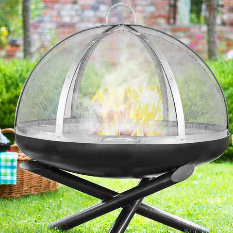 36-Inch Fire Pit Spark Screen Lid on outdoor pit, stainless steel cover with fire inside, rust-resistant, no-fuss design
