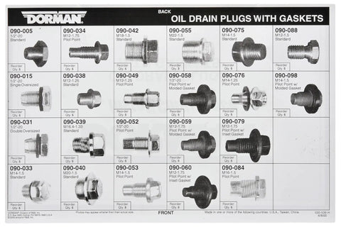 Visual reference guide from Oil Drain Plug Tech Tray Kit With Universal Fit, 44 Pieces Across 22 SKUs, showing various drain plugs.