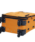 Orange Expandable Spinner Carry On Luggage 19 Inch with Four Directional Wheels and Exterior Pockets shown from bottom angle