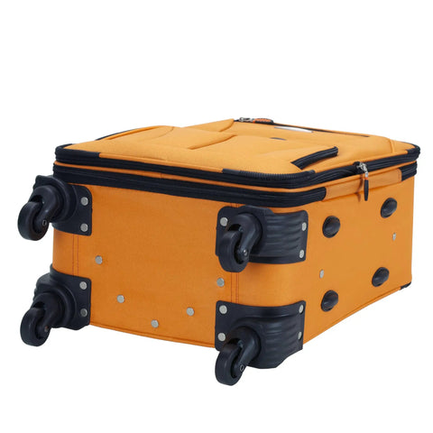 Orange Expandable Spinner Carry On Luggage 19 Inch with Four Directional Wheels and Exterior Pockets shown from bottom angle