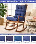 All Weather Memory Foam Rocking Chair Cushion Set Navy Blue With High Back Design Waterproof And Fade Resistant Indoor Outdoor Rocking Chair Pads With Ties For Cozy Comfort Fits Most Chairs 23 By 44 Inches on a wooden rocking chair in a living room setting.