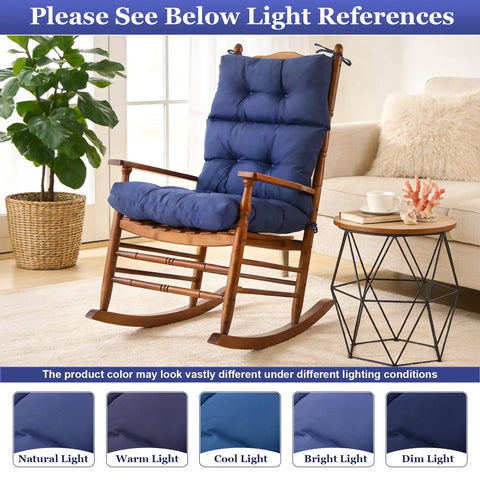 All Weather Memory Foam Rocking Chair Cushion Set Navy Blue With High Back Design Waterproof And Fade Resistant Indoor Outdoor Rocking Chair Pads With Ties For Cozy Comfort Fits Most Chairs 23 By 44 Inches on a wooden rocking chair in a living room setting.