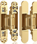Heavy Duty Six Inch Hidden Door Hinges Two Pack Three Way Adjustable Invisible Concealed Hardware With Sleek Gold Finish, side view showing details.