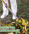Person using Heavy Duty 4-Tine Stainless Steel Spading Fork With 43.9 Inch Ergonomic D Handle for moving mulch