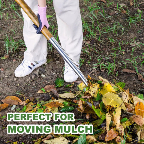 Person using Heavy Duty 4-Tine Stainless Steel Spading Fork With 43.9 Inch Ergonomic D Handle for moving mulch