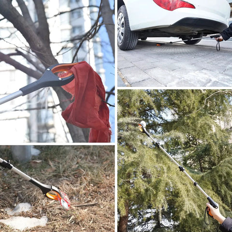 43-inch foldable reacher/grabber tool with orange handle, rotating jaw and magnets, collage of multiple views.
