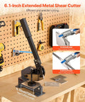 Heavy Duty 6 Inch Sheet Metal Shear With Extended Handle for clean cuts in steel copper aluminum, mounted on workbench.