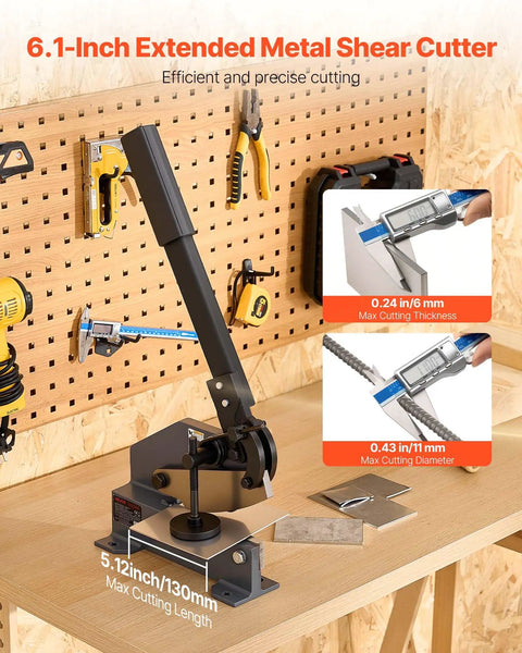 Heavy Duty 6 Inch Sheet Metal Shear With Extended Handle for clean cuts in steel copper aluminum, mounted on workbench.